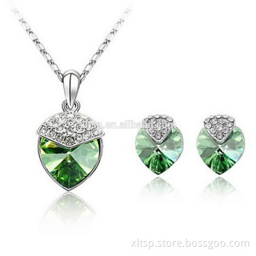Beautiful Wedding Cubic Zirconia Green Crystal Heart Jewelry Set For Women